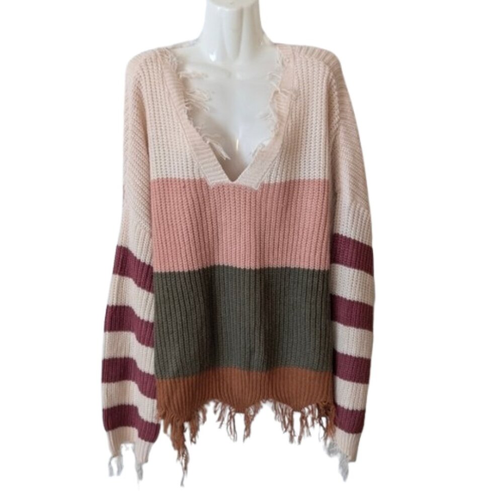 Poly & Ester Oversized Fringed Knit Sweater 3X